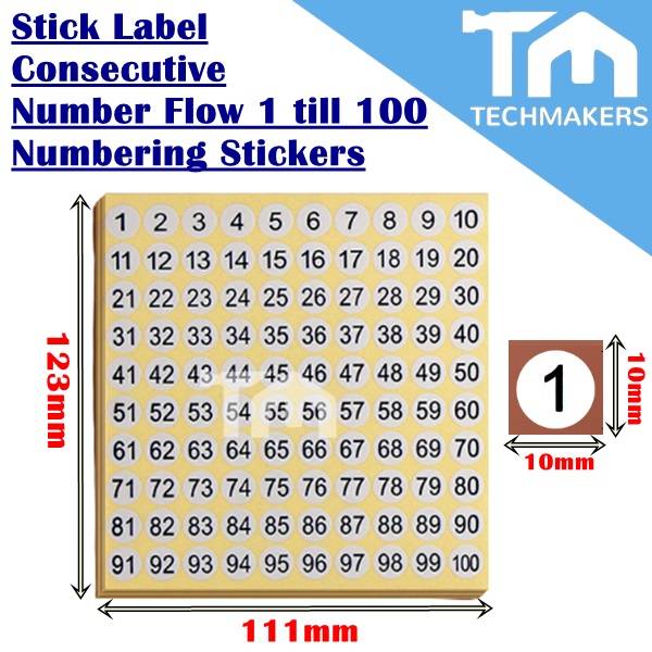 1 Sheet (100 Sticker) Stick Label Consecutive Number Flow 1 till 100